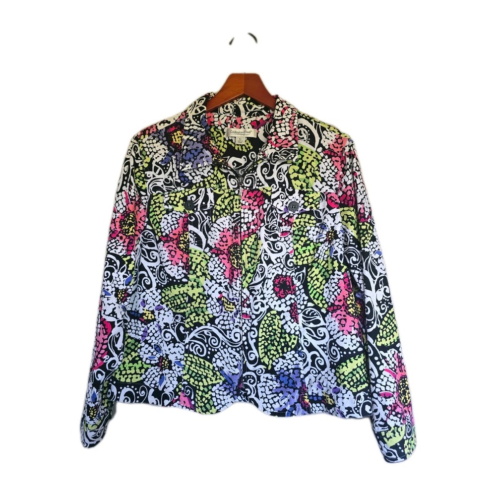 Coldwater Creek Vibrant Abstract Botanical Lightweight Coat Art To Wear Art PL